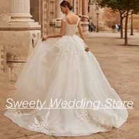 Glitter Wedding Dresses Customized Cap Sleeve Scoop Beading Applique Sweept Train Back Lace-up Corset Wedding Bridal Gown 2