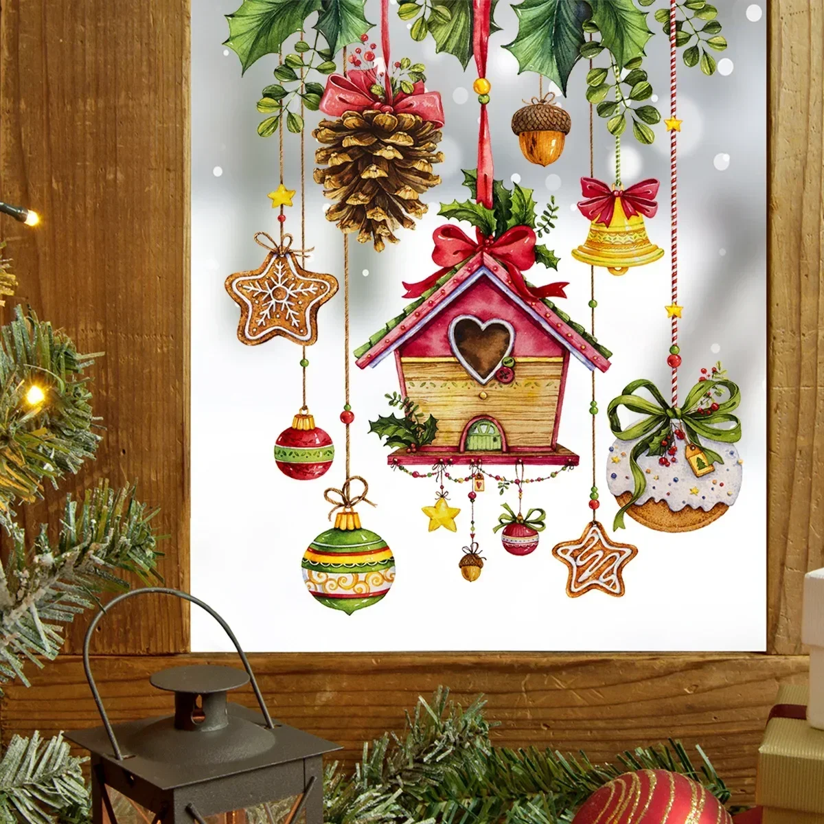 Christmas Glass Stickers Wooden House Pine Nut Winsow Sticker Glass Wall Decor Merry Christmas Stickers Happy New Year