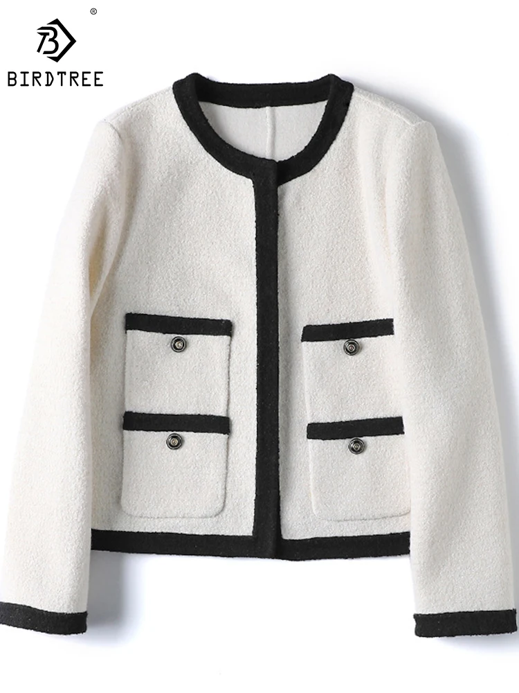 

Birdtree 80% Wool Elegant Coat Round Neck Double Tweed Temperament Commuting Comfort Versatile Classic Knitted Jacket C30410QD