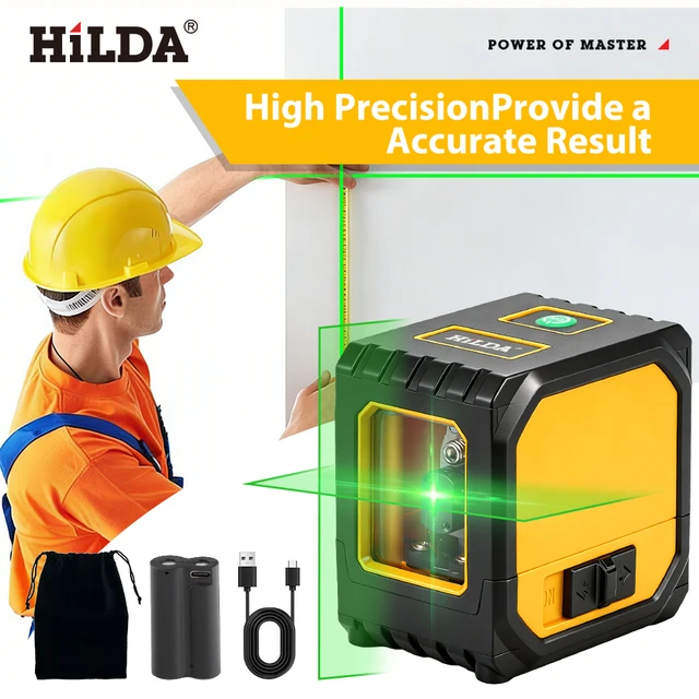 HILDA niveau Laser vert 2 lignes lignes transversales auto-nivelantes, chargement USB de taille Mini pratique à transporter des faisceaux haute visibilité 1