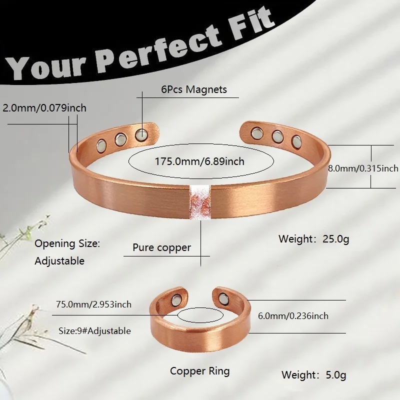 Pure Copper Bracelet and Ring Set - detail