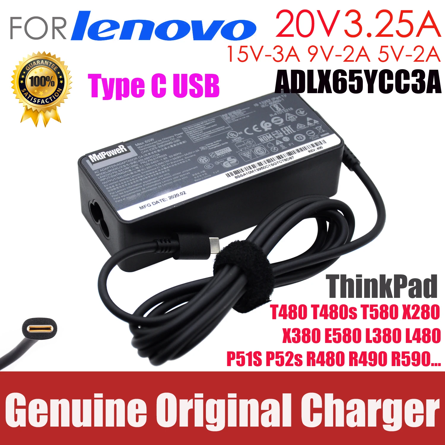 

Original 65W 20V 3.25A Type C AC Adapter Laptop Charger for Lenovo ThinkPad T480 T480s T580 X280 X380 E580 L380 L480 15V-3A