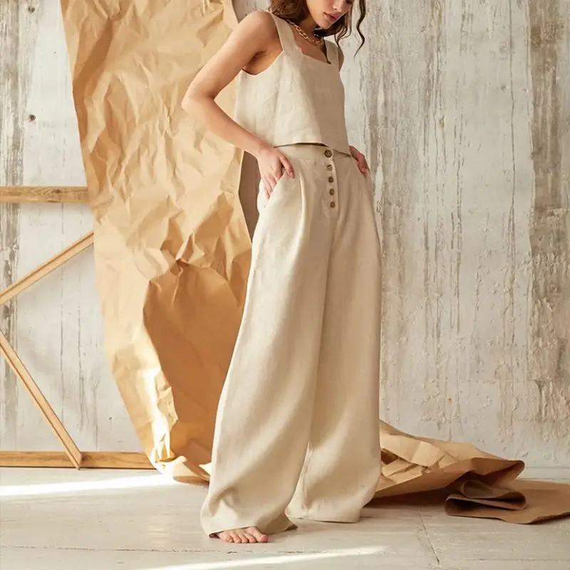 Casual Cotton Linen High Shot Pants Woman Wide Leg Pants Button Up Korean Fashion Harajuku Trousers Streetwear Sweatpants