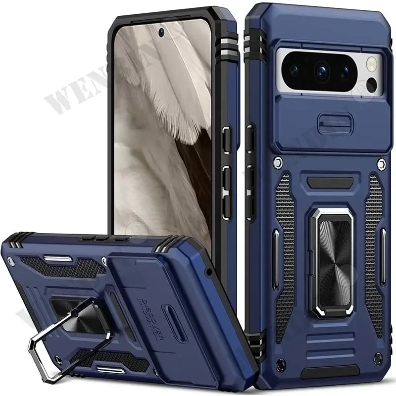 

Case For Google Pixel 8 Pro 7 Pro with Slide Camera Grade Heavy Duty Protective Kickstand Magnetic Rotate Car Ring Stand Cover