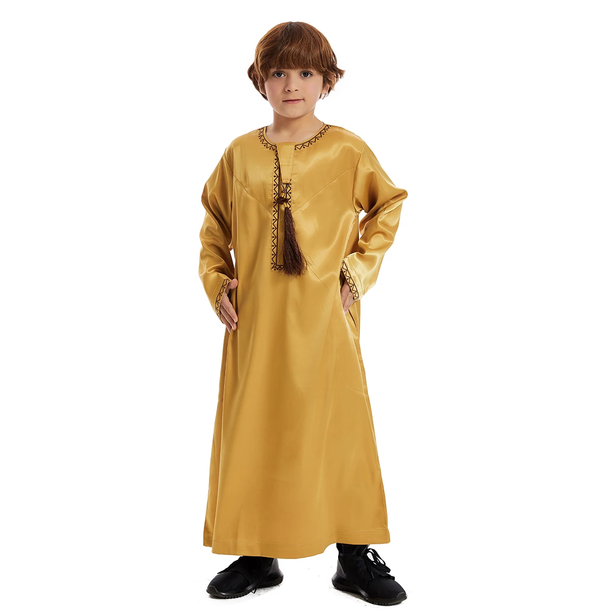 Teenage Muslim Boys Robe Round Collar Embroidered Long Sleeves Dress Gown Saudi Arabia Abaya Kaftan Jubba Thobe Islamic Clothing