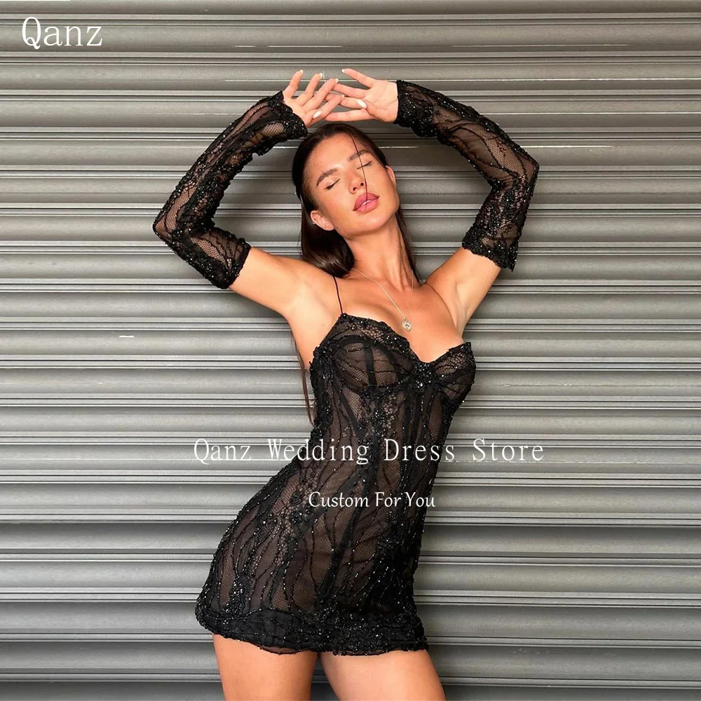 Sexy Prom Dresses Full Sleeves Beadings Mini Short Cocktail Dresses Lace Up Back Strapless Birthday Dress Customized