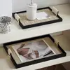 Black/Beige Woven Leather Storage Tray Rectangle with Handle Jewelry Display Plate Handmade Cake Fruit Dessert Tray for Home 1