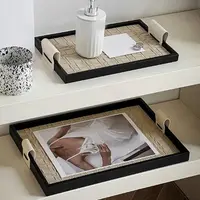 Black/Beige Woven Leather Storage Tray Rectangle with Handle Jewelry Display Plate Handmade Cake Fruit Dessert Tray for Home 1