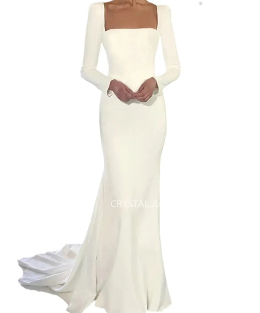 

Classy Long Square Collar Crepe Wedding Dresses Open Back with Full Sleeves Mermaid Sweep Train Bridal Gowns for Women