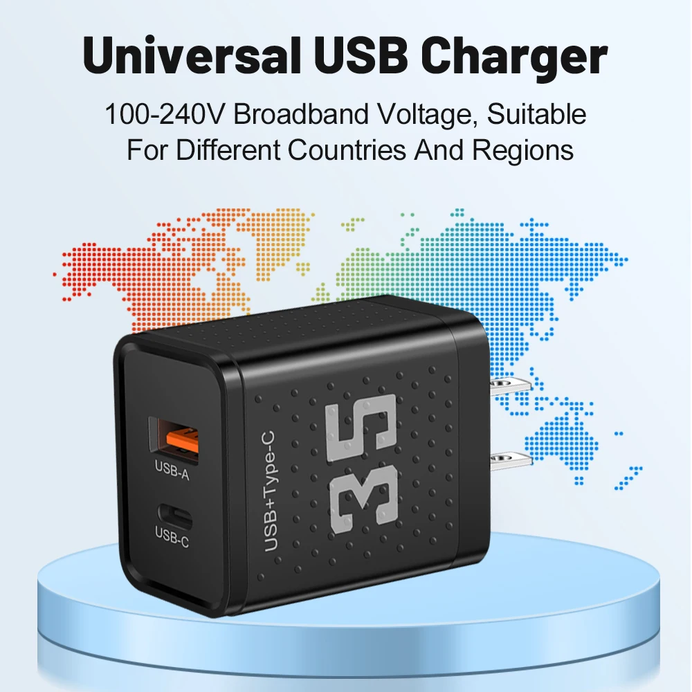 35W USB PD Phone Charger 2 Ports PD Fast Charging Adapter QC3.0 For Xiaomi iPhone15 14 Samsung Huawei Mobile Phone Wall Charger