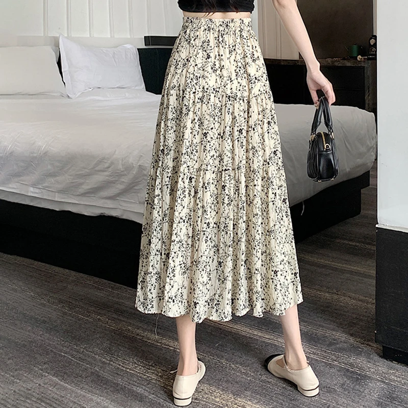 ZOCI Women's Summer Vintage Print Long Skirt Elastic High Waist Elegant Midi Skirts Casual Slim Fit Office A-Line Skirts Female 2