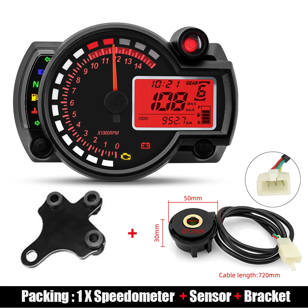 Motorcycle Speedometer, 0-199KM/H 12V LCD Screen Digital