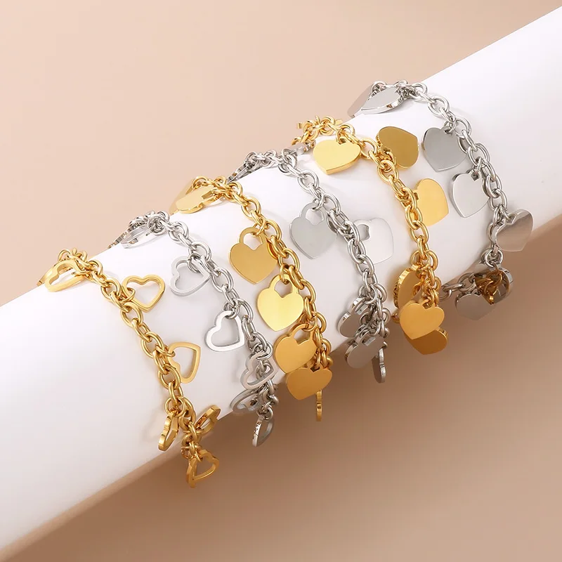 

Elegant Stainless Steel Women's Bracelets Gold Silver Color Heart Dangle O Chain Bracelet for Ladies Party Wedding Jewelry Mujer