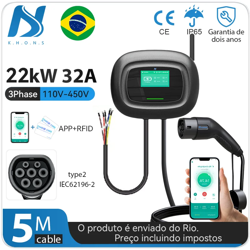 

Khons EV Wallbox Type2 32A Electric Car Charger 7kw 22kw Electric Vehicle Charging Station EVSE 5M Cable for BYD Tesla