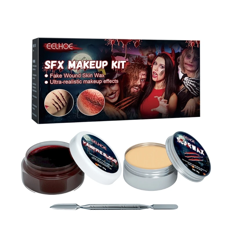 RXJC Horrible Atmosphere SFX Makeup Kit,Halloween Fake-Blood,Wound Modeling  Wax Scars Wax with Spatula