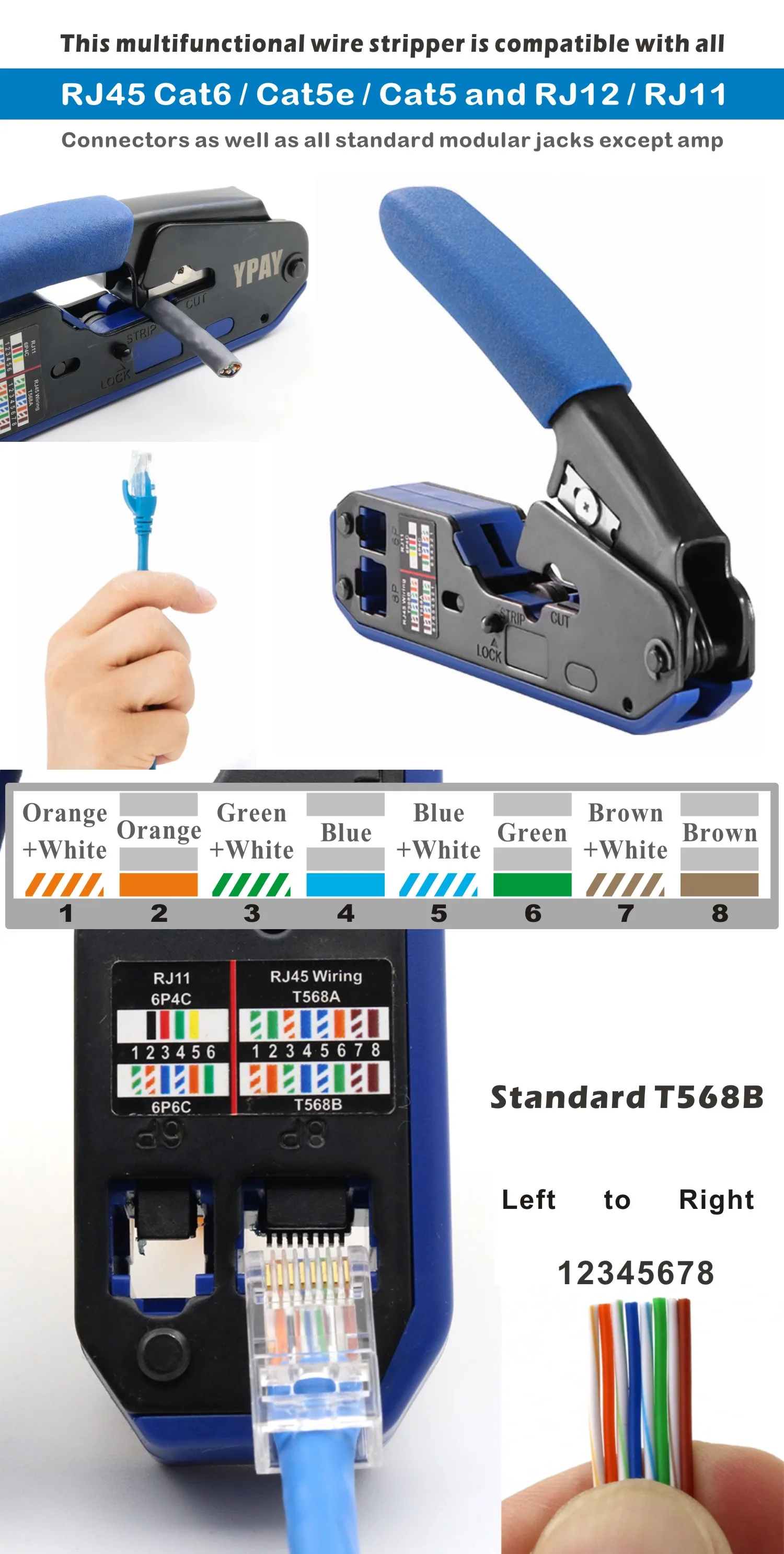 TEROW 케이블 스트리퍼 프레스 클램프 집게 클립, 다기능 플라이어, RJ45 크림퍼 핸드 네트워크 도구, RJ12, Cat5, Cat6, 8P8C