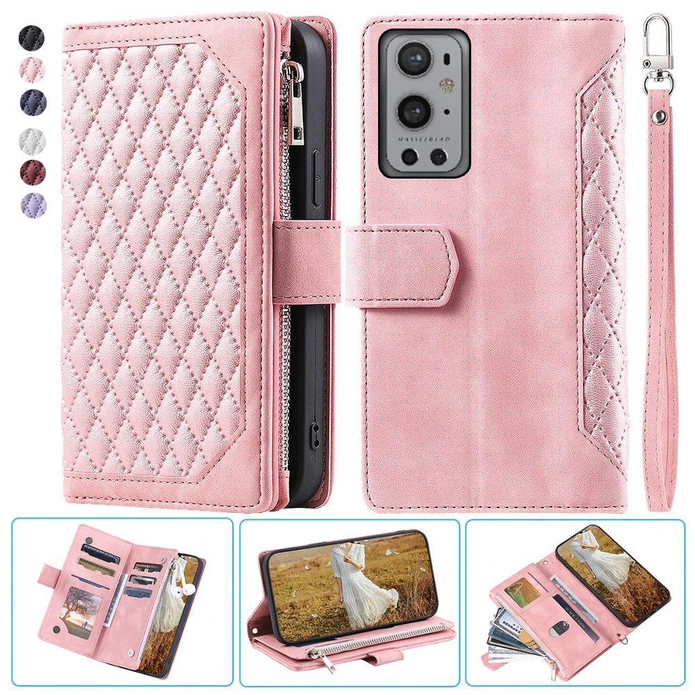 

For OnePlus 9 Pro Fashion Small Fragrance Zipper Wallet Leather Case Flip Cover Multi Card Slots Cover Folio with Wrist Strap