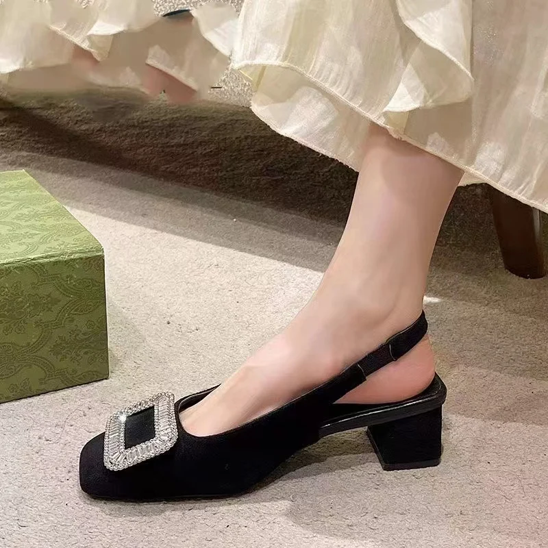 2024 New Shoes for Women Slip on Women's Pumps Autumn Square Toe Solid Flock Brilliant Diamond Chunky Heels High Heel Pump Women