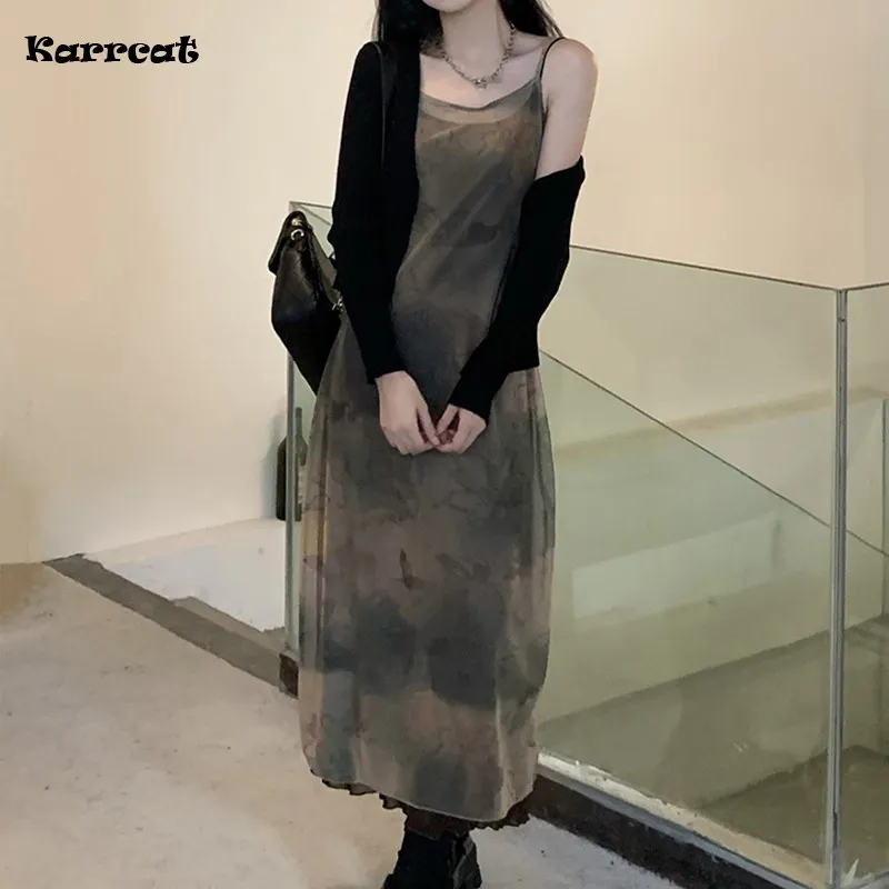 Karrcat-빈티지 타이 염료 프린트 메쉬 드레스, 그런지 고딕 스파게티 스트랩 미디 드레스, 한국 스타일 파티 드레스 
