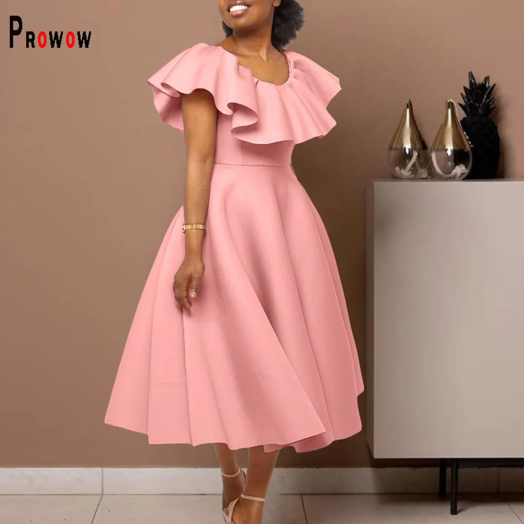 

Prowow Elegant Women Midi Dress High Waisted Slim Fit Ruffle Female Evening Birthday Party Wear Solid Color Summer Clothing