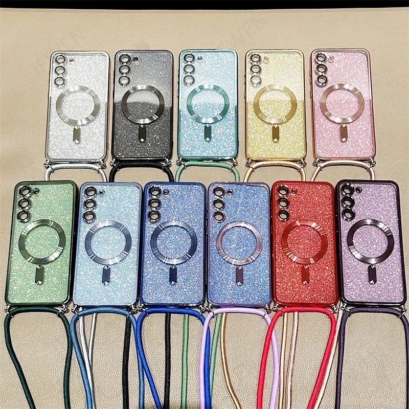 삼성 갤럭시 S25 S24 S23 S22 S21 FE Plus Ultra Magsafe 소프트 TPU 뒷면 커버 용 반짝이 크로스 바디 매는 밧줄 마그네틱 케이스