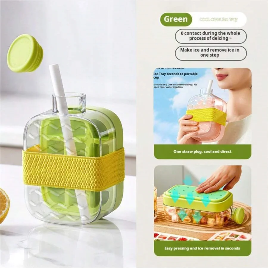 2-in-1 Water Bottle with Built-In Ice Tray & Straw, Leak-Proof Portable Sports Bottle Portable Ice Maker Bottle