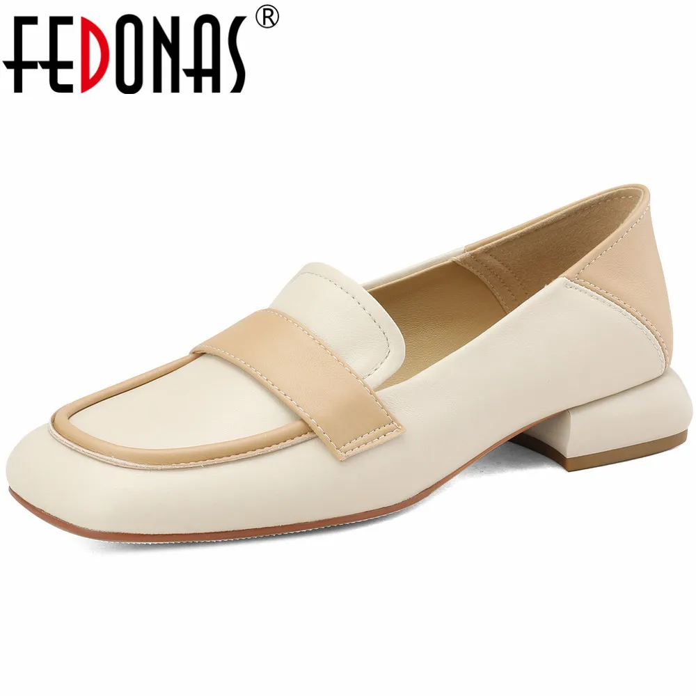 

FEDONAS Concise Square Toe Women Pumps Low Heels 2024 Spring Autumn Genuine Leather Comfortable Mixed Colors Working Shoes Woman