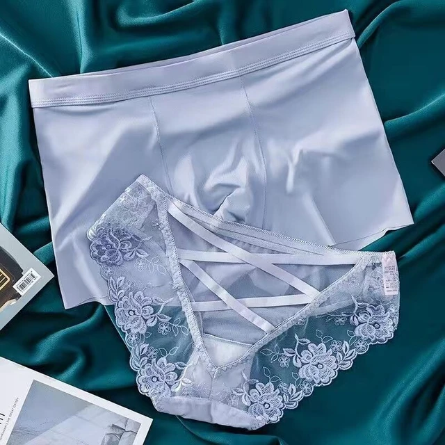 New Style Couple Matching Underwear Set Ice Silk Mens Boxers and Women Sexy  Panties Lover's Panty Plus Size Valentine underpants