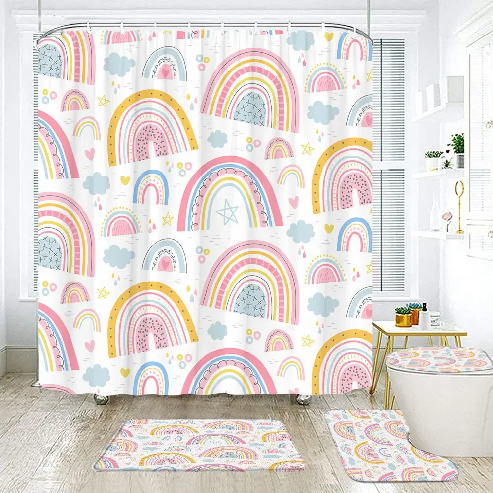 

Rainbow Shower Curtain and Rug Bathroom Decor Set Colourful Cute Bohemian Kids Shower Curtain Bath Mat Bathtub Decor with Hooks