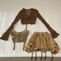 Harajuku Vintage Fashion 3 Piece Set Woman Short Cardigan + Slim Vest + Y2k E-Girl High Waist Skirt Hot Girls Korean Style Suit 1