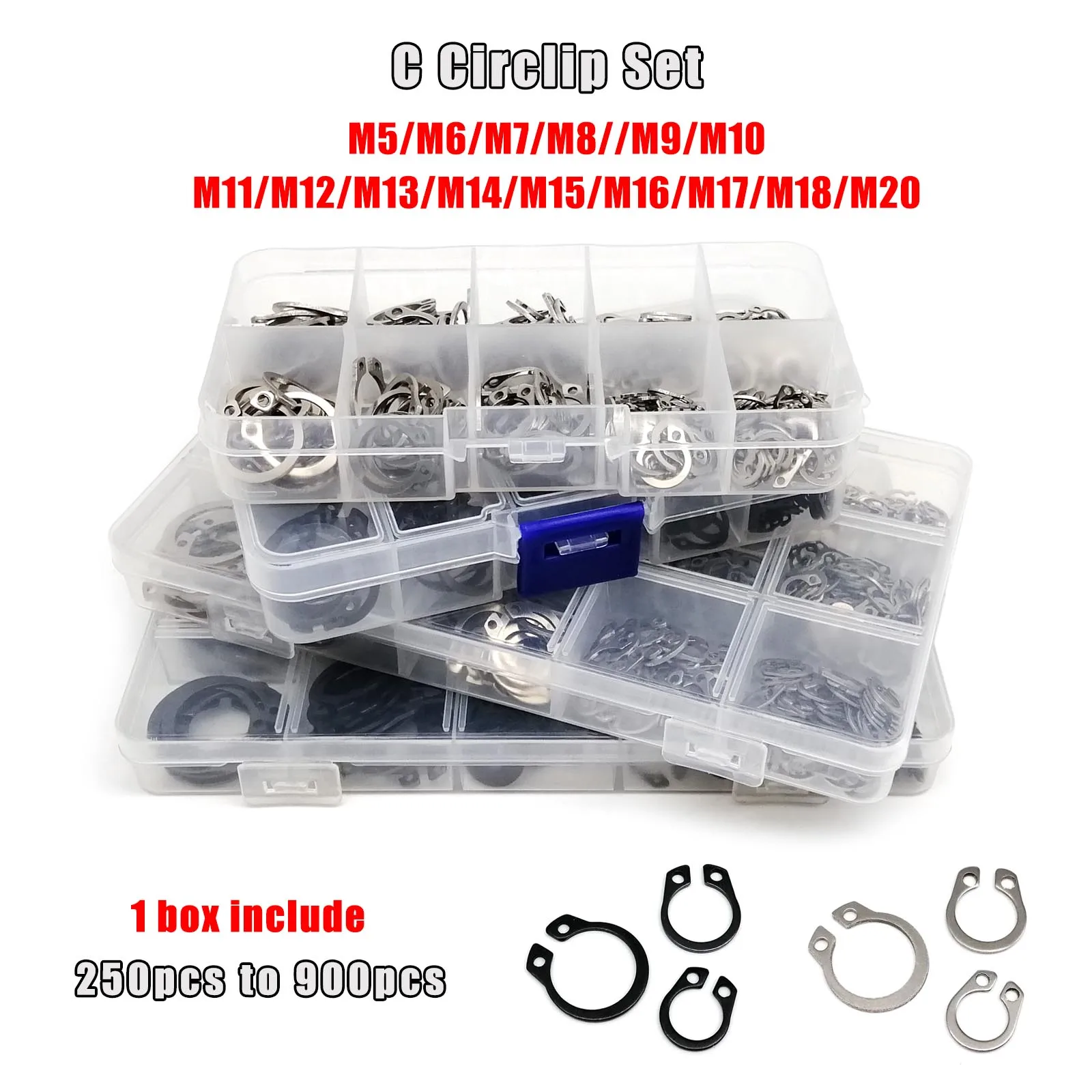 250/500/900pcs 5-20mm C 유형 외부 서클립 키트 세트 베어링 샤프트 고정 클립 스냅 링 검정색 65mn 스테인레스 스틸..