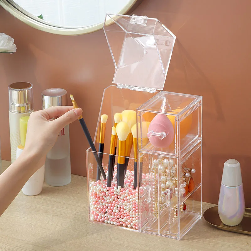 Clear Makeup Brush Organizer, Storage Rack with Drawers, Storage Box with Lid and Pearls for Storing Makeup Tools and Jewelry 4