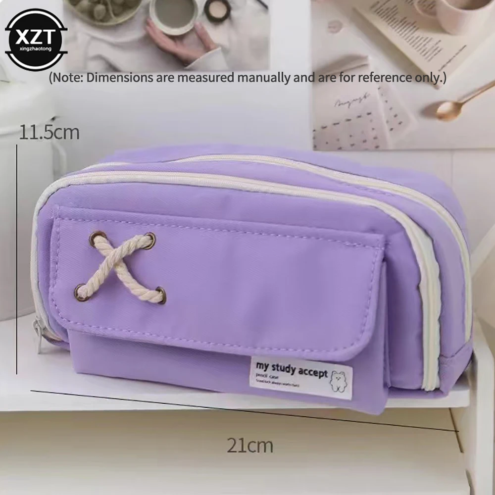 Large Capacity Pencil Bag Stationery Holder Box Aesthetic Canvas Pen Case Three-layer Zipper Pencil Pouch School Supplies