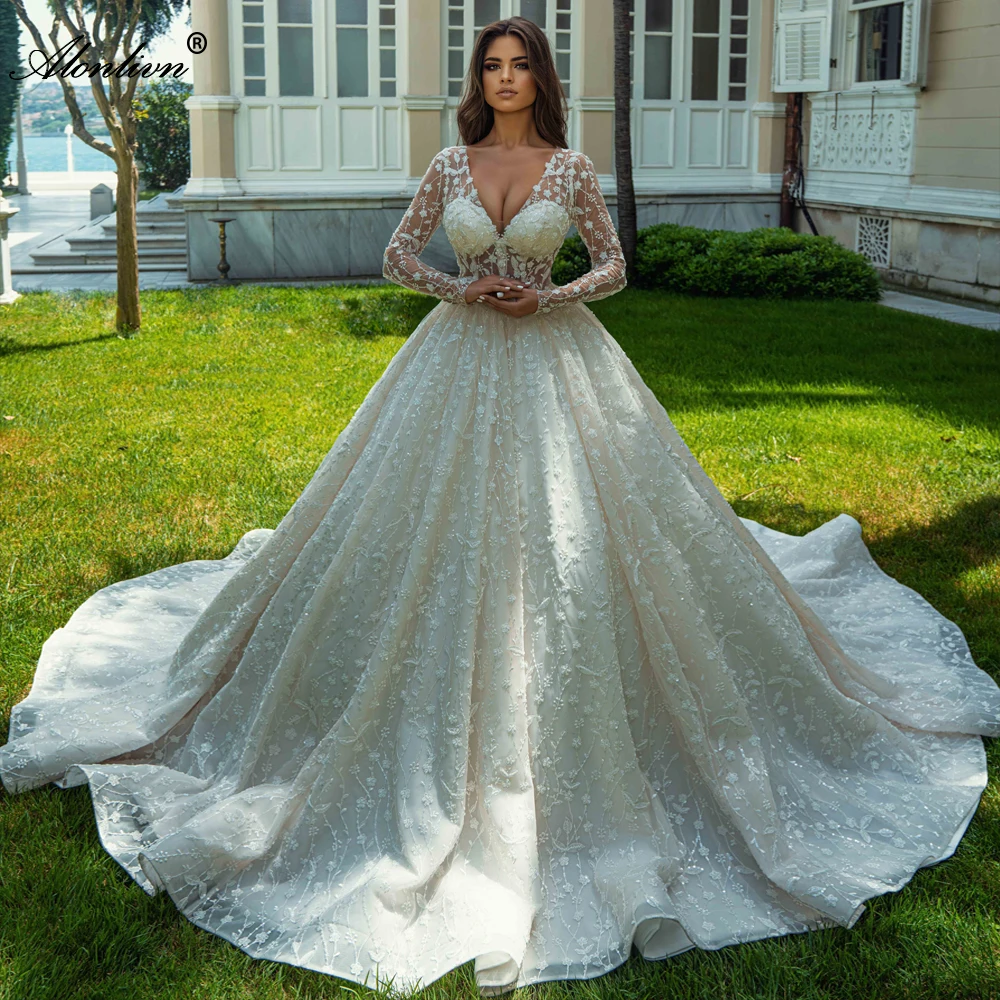 

Alonlivn Luxury Embroidery Lace Princess Bridal Dress V-Neck Full Sleeves Beading Pearls Wedding Gowns Novias