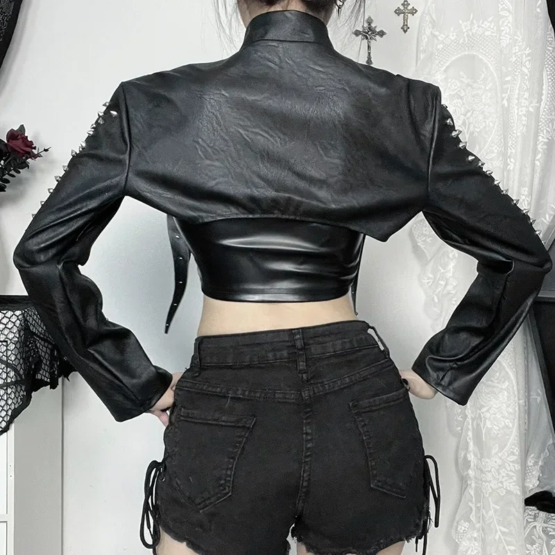 Punk Faux Leather Cropped Jacket Women Spring 2024