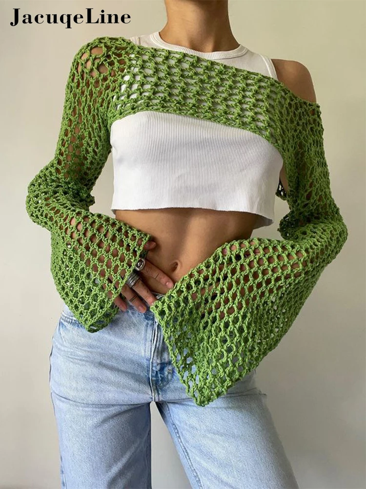 

Jacqueline 2023 Green Long Sleeve Knitting Crop Tops Women Summer Party Beach Sexy Hollow Out Smock T Shirts Fairy y2k Clothes