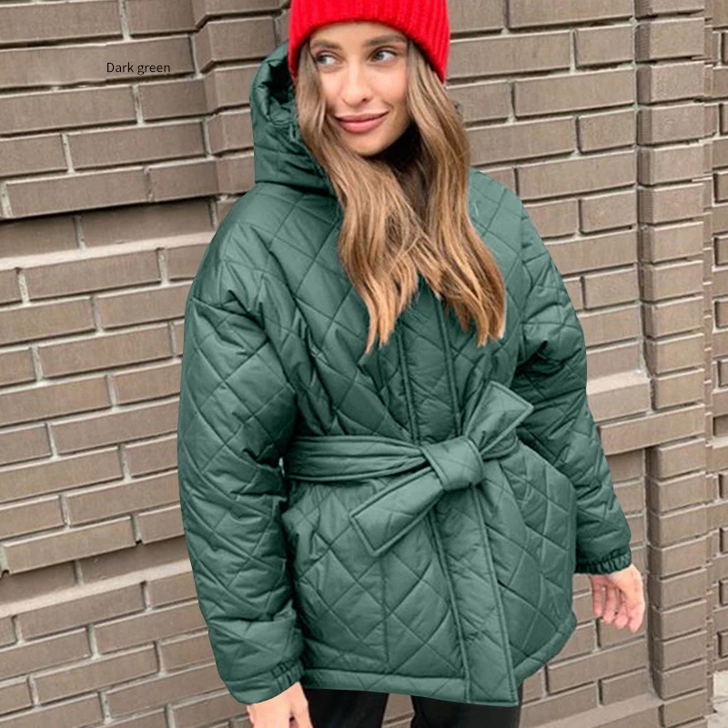 

Casual Loose Hooded Parkas Women Fashion Solid Thick Short Coats Women Elegant Tie Belt Cotton Jackets Female Ladies Wear Cloths