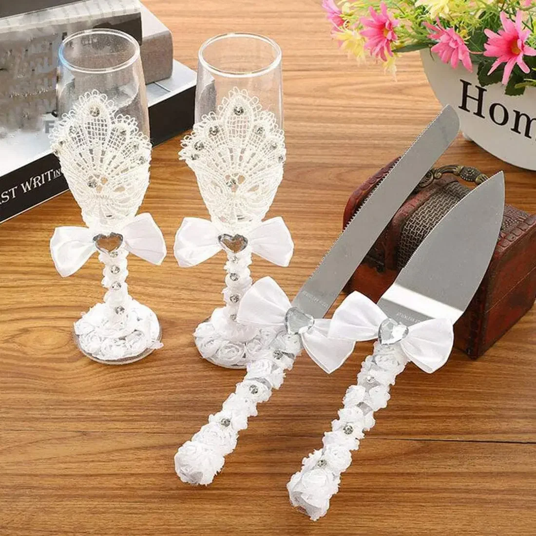 

4-Piece Wedding Supplies Cake Knife,Pie Server Set and Flute Champagne Glasses Bride Groom Gifts for Party Birthday Show Decor