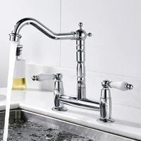 Kitchen Ceramic Handle Faucet European Style Full Brass Retro Double Hole Two Handle Bathroom Basin Faucet Kitchen Sink Faucet 1