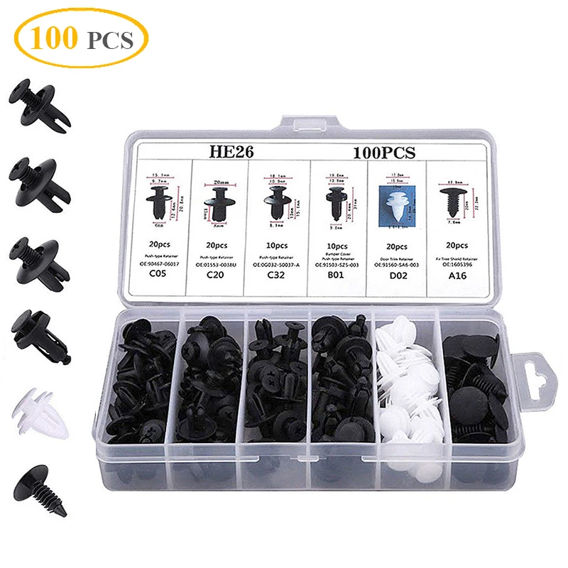 6 Sizes Auto Fastener Clip Plastic Clips Fasten Bumper Door Trim Fitting Disassembly Tool Remove Retain Rivets For Cars 100pcs
