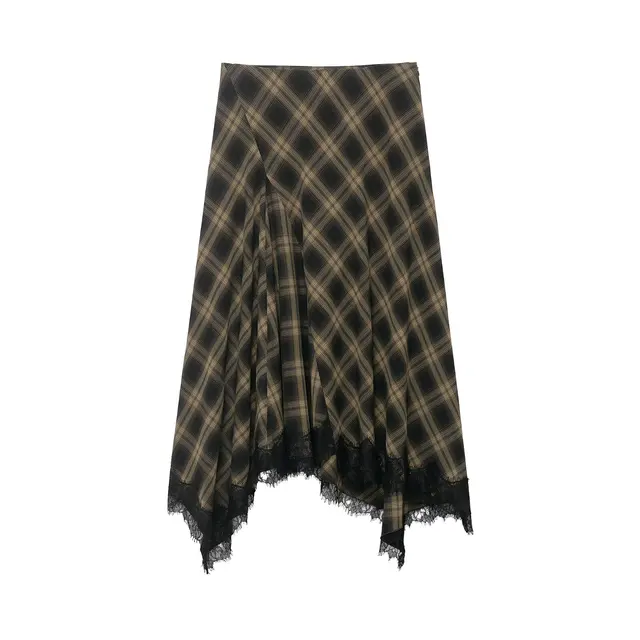Women Vintage Plaid Skirt Fashion Lace Splice Elegant Midi Skirts Casual Street Skirt Asymmetry Ruched Female New Skirts