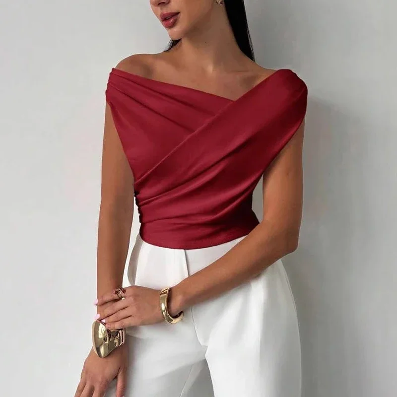 New Summer Women's Slanted Shoulder Slim-fitting and Thin Sleeveless Short Top Elegant Solid Color Fashion Casual Waist Blouse