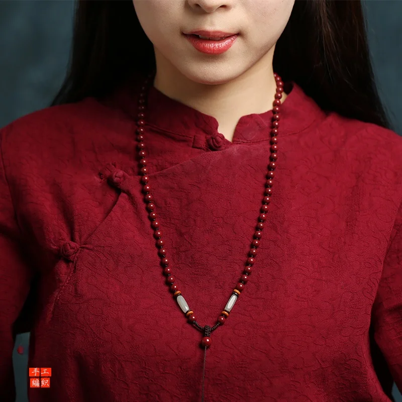 주홍색 구슬 목걸이 끈 목걸이 손으로 짠 붉은 모래 보라색 금 모래 펜던트 로프, 전체 구슬 목걸이 목 로프 남녀 공용