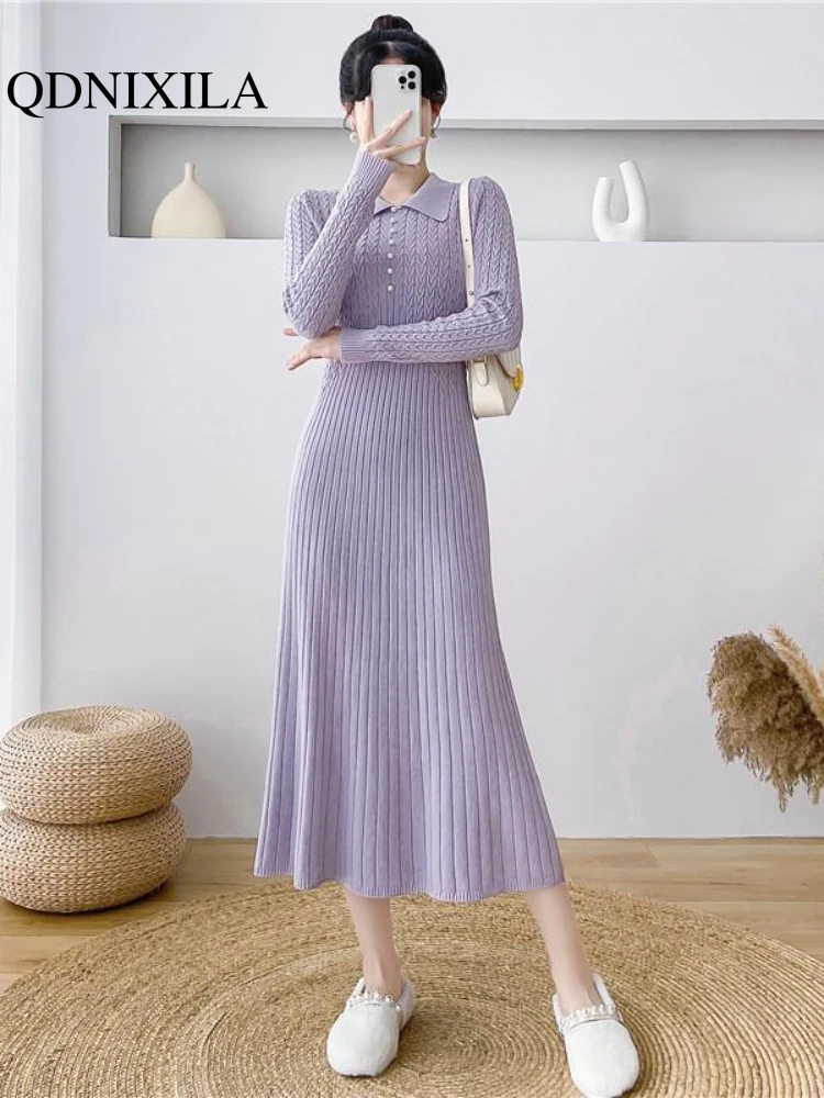 

Женские платья, новинка сезона осень-зима 2023, однотонное трикотажное платье-поло с длинным рукавом, приталенное платье выше колена, женская одежда