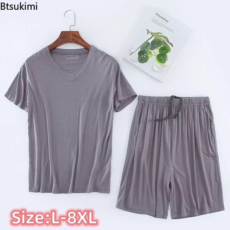 Plus Size 7XL 8XL Men's Summer Casual Sleepwear Sets 2024 New Solid HomeWear Suits 2PCS Modal T-shirt+Shorts Summer Pajamas Male