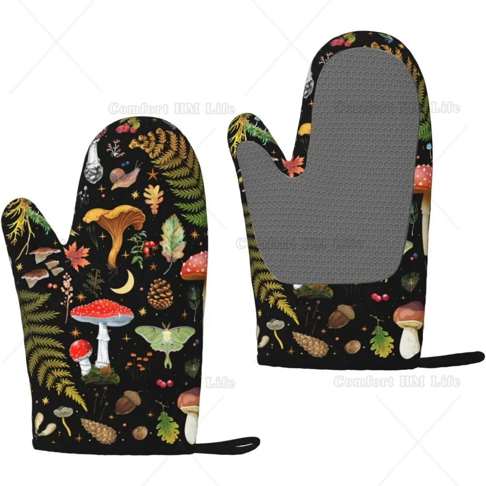 Mushroom Moth Plant Oven Mitts 2pcs Kitchen microwave Oven Gloves Heat Resistant Non-Slip Silicone Surface for Cooking Baking