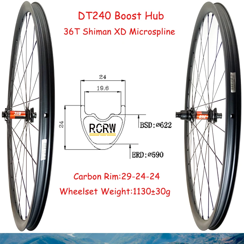 

29er MTB XC 24x24mm Wheelset Super Light 1130g Carbon Rim 28Hole 24 Wide 24 Deep DT240 Boost 6 Bolt 36T Hub Shima XD Microspline