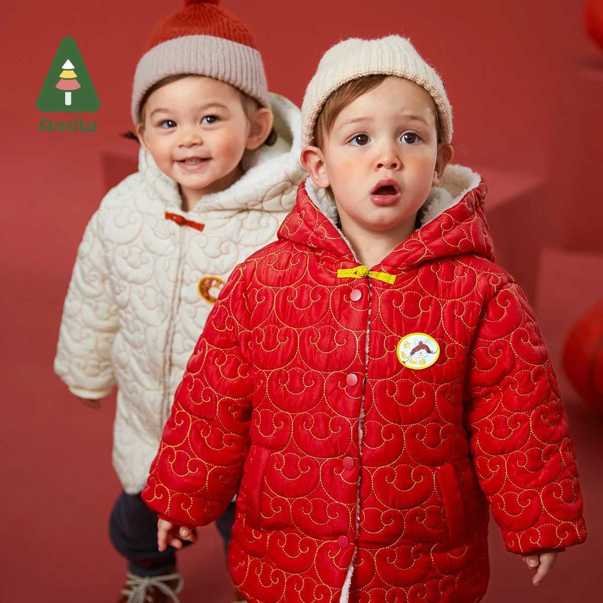 Amila Baby's Cotton-padded Jacket Winter New Boys and Girls Cold Proof Original Chinese Quilting Thread With Hooded Coat