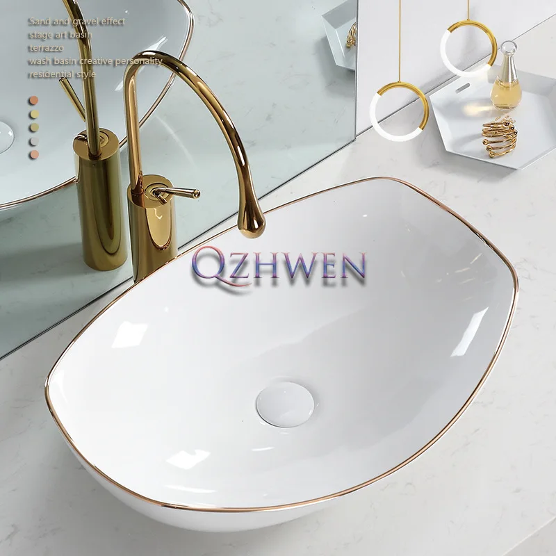 

42cm/56cm Ceramic Washbasin Gold-rimmed Bathroom Sink Ingot Countertop Art Basin Luxury Toilet Laundry Sink with Faucet Set