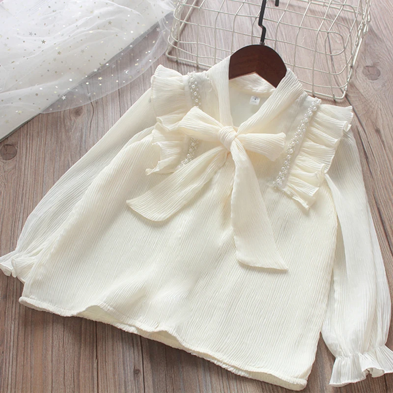Kids Shirts Spring Girls Blouses Chiffon Long Sleeve Preppy Cute Kids White Shirts Cotton Girls Clothes School Uniform Tops